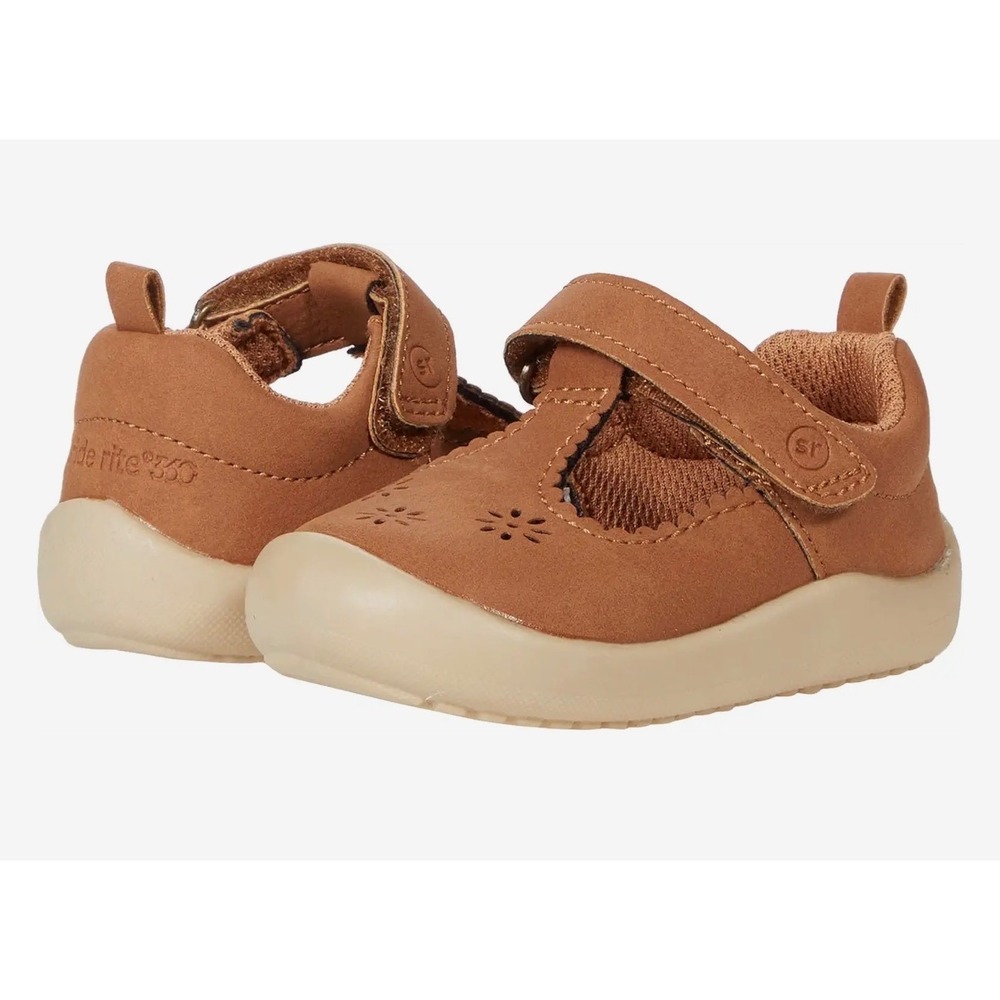 Stride Rite 360 Toddler Girls Tan Brown Mary Jane T-Strap Shoes Floral Cutout 3M